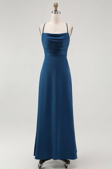 Dark Blue Spaghetti Straps A Line Long Bridesmaid Dress